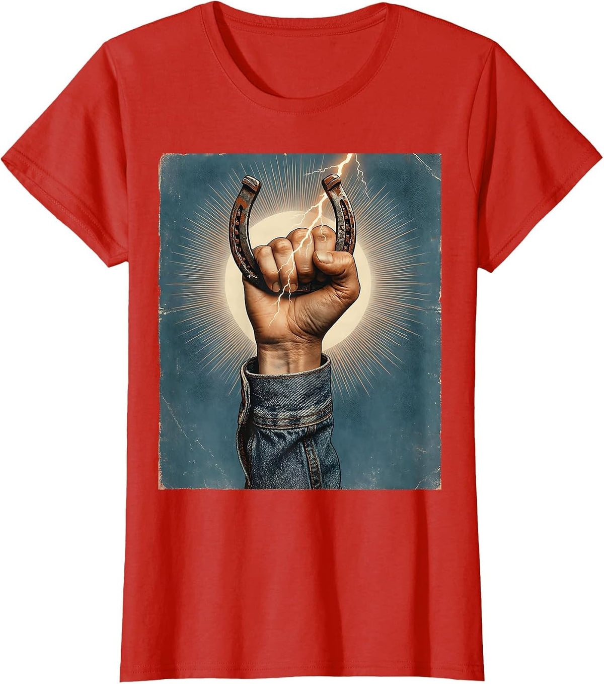 Women's Denim Cowgirl Horseshoe Lightning Bolt Graphic T-Shirt - Red
