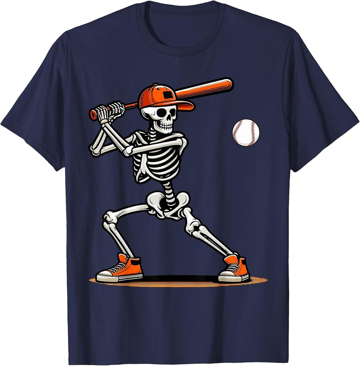 Baseball Skeleton Spooky Boys Halloween Baseball Player T-Shirt - Navy Blue