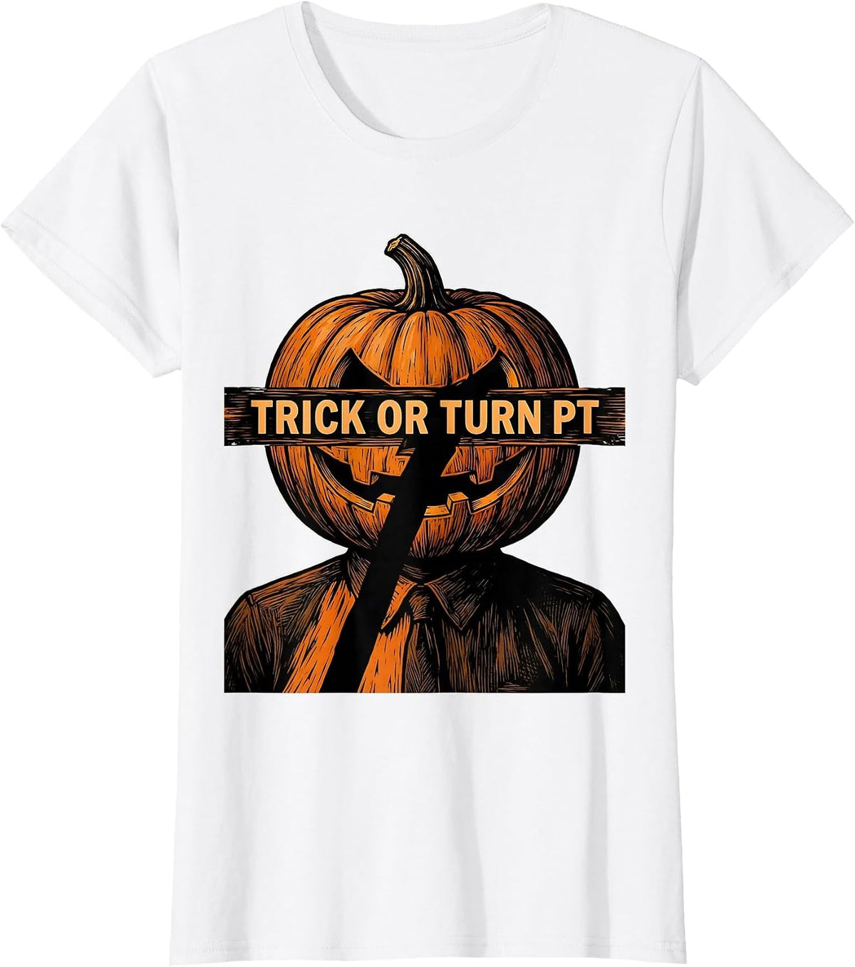 Women's Trick Or Turn PT Linocut Physical Therapy Halloween Humor T-Shirt - White