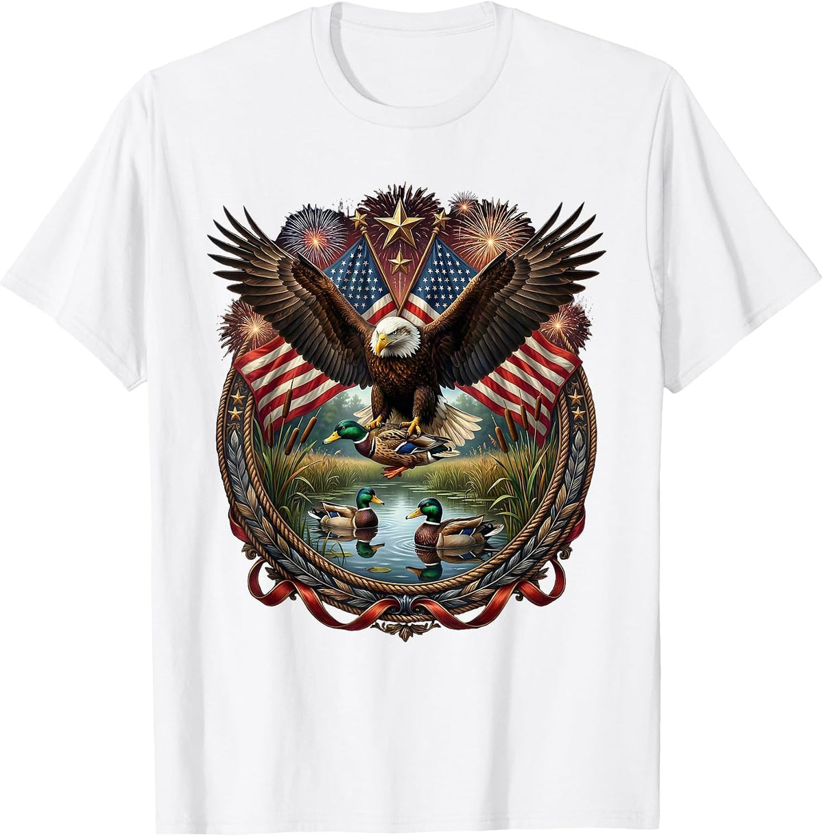 Men's Duck Decoys on Glassy Marsh Water Hunting Camo T-Shirt - White