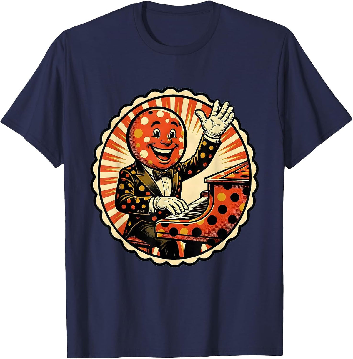 Polka Dot Tuxedo Pianist Graphic Design T-Shirt - Navy Blue