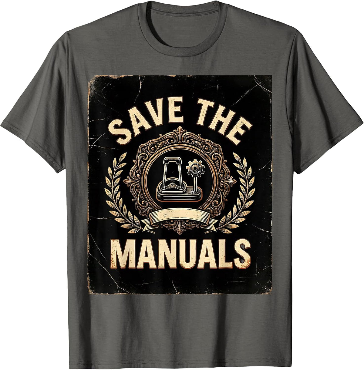 Save The Manuals Vintage Gear Shift Design T-Shirt - Asphalt Grey