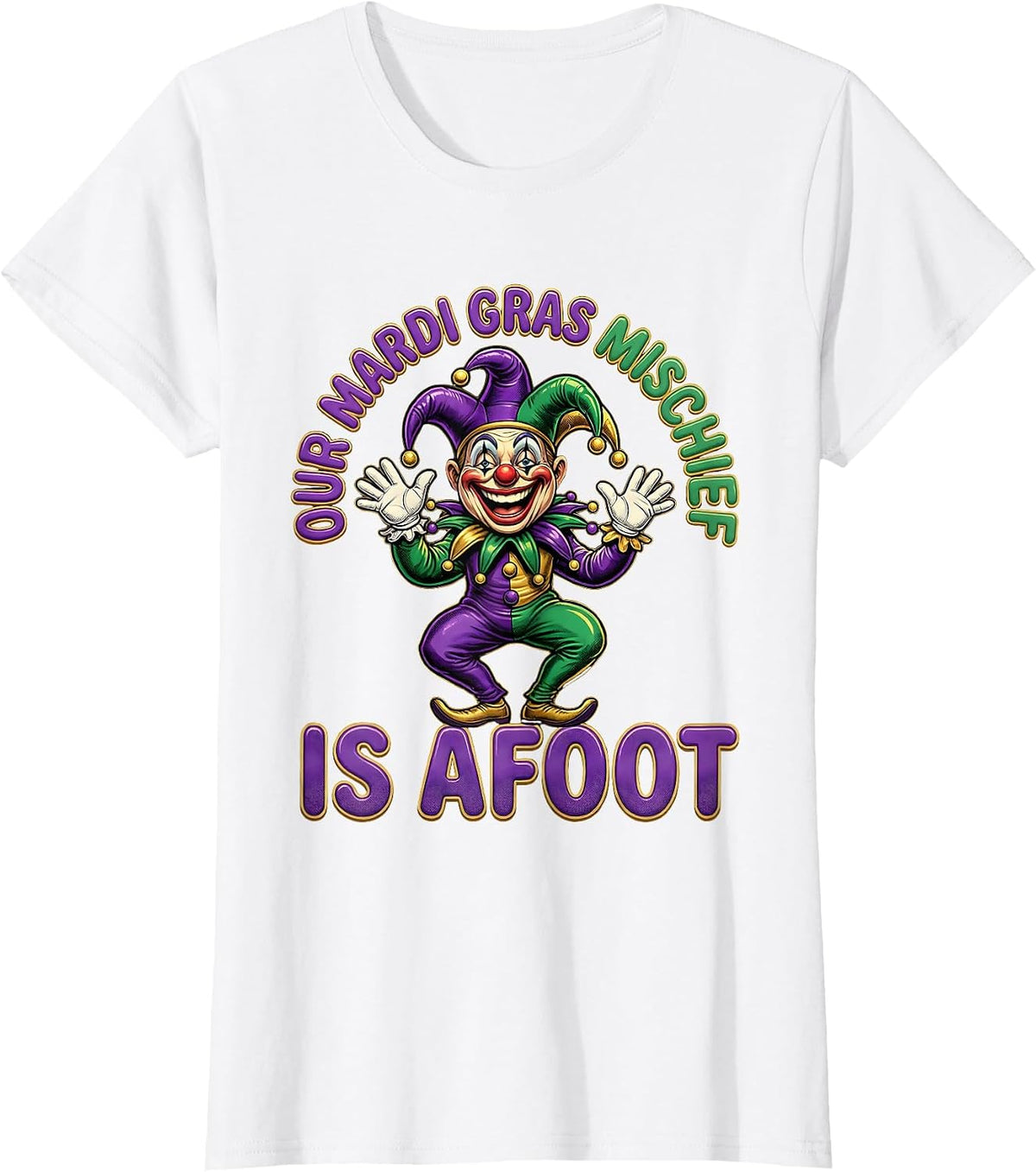 Women's Our Mardi Gras Mischief Is Afoot Retro Cartoon Jester T-Shirt - White