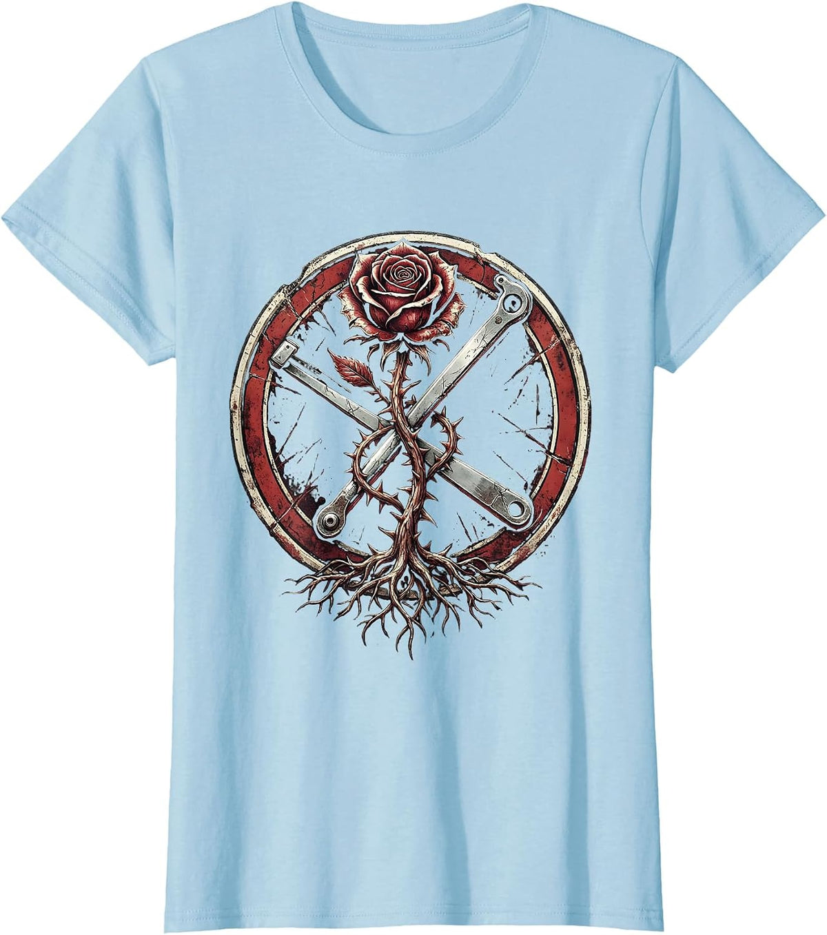 Rose and Whammy Bar 80s Rock Graphic T-Shirt - Baby Blue