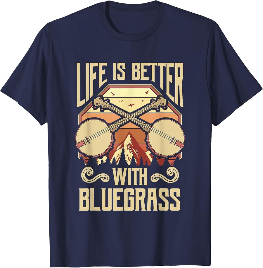 Banjo Vintage Retro Bluegrass Music Fans Banjo Player T-Shirt - Navy Blue
