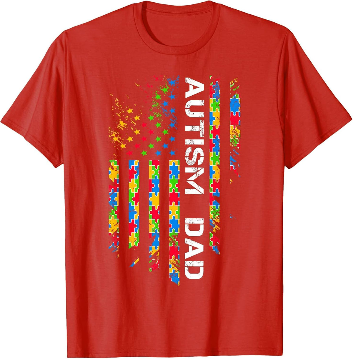 Autism Dad Awareness American Flag USA T-Shirt - Red