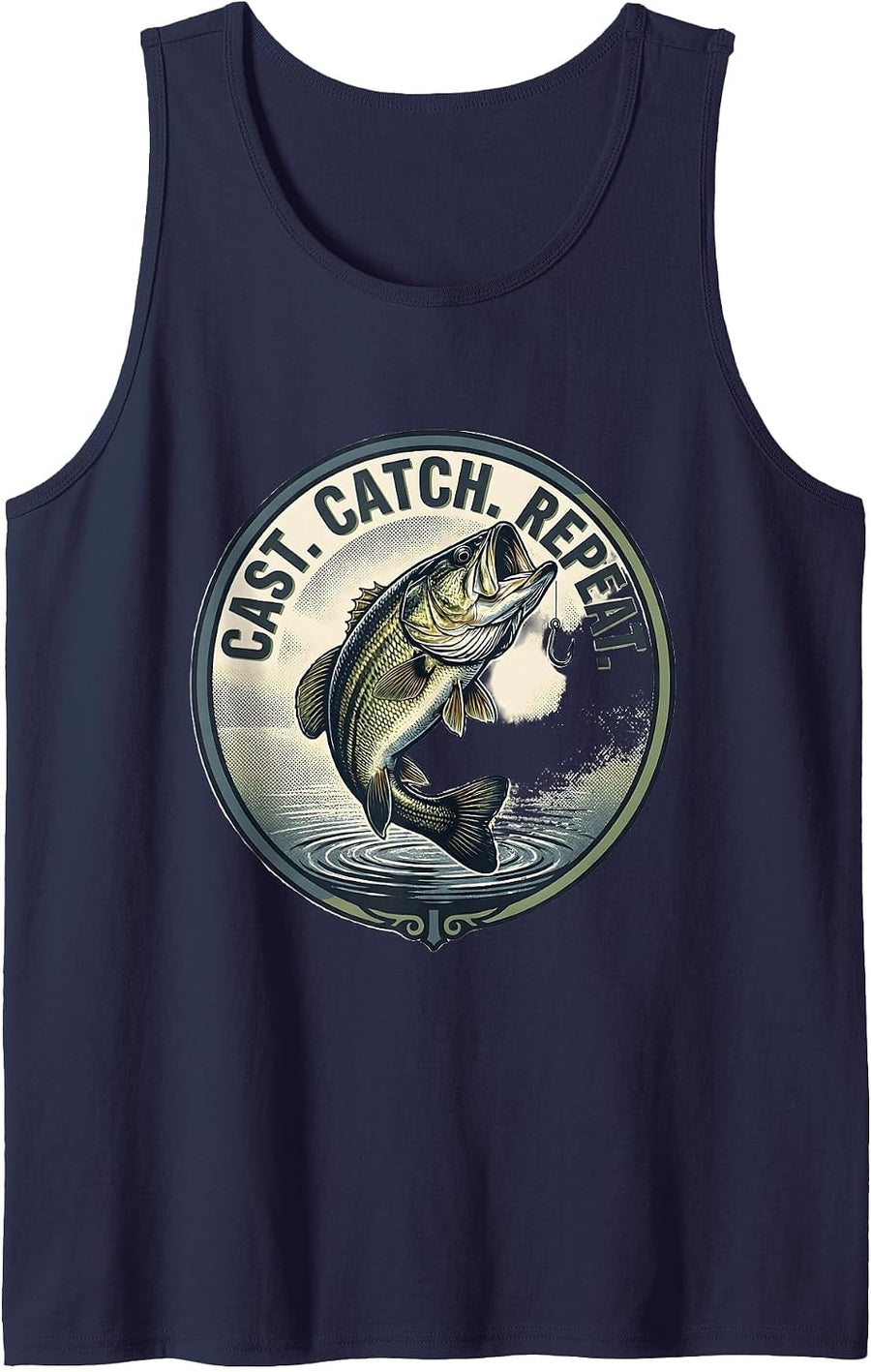 Cast. Catch. Repeat. Largemouth Bass Fishing Design Tank Top - Navy Blue