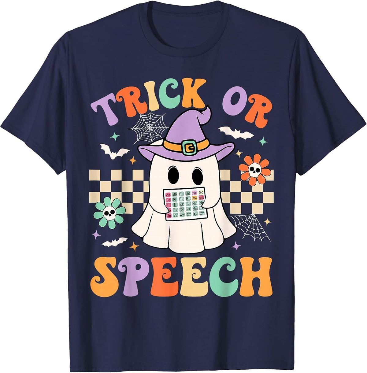 Trick or Speech Retro SLP Halloween Speech Therapy Halloween T-Shirt - Navy Blue