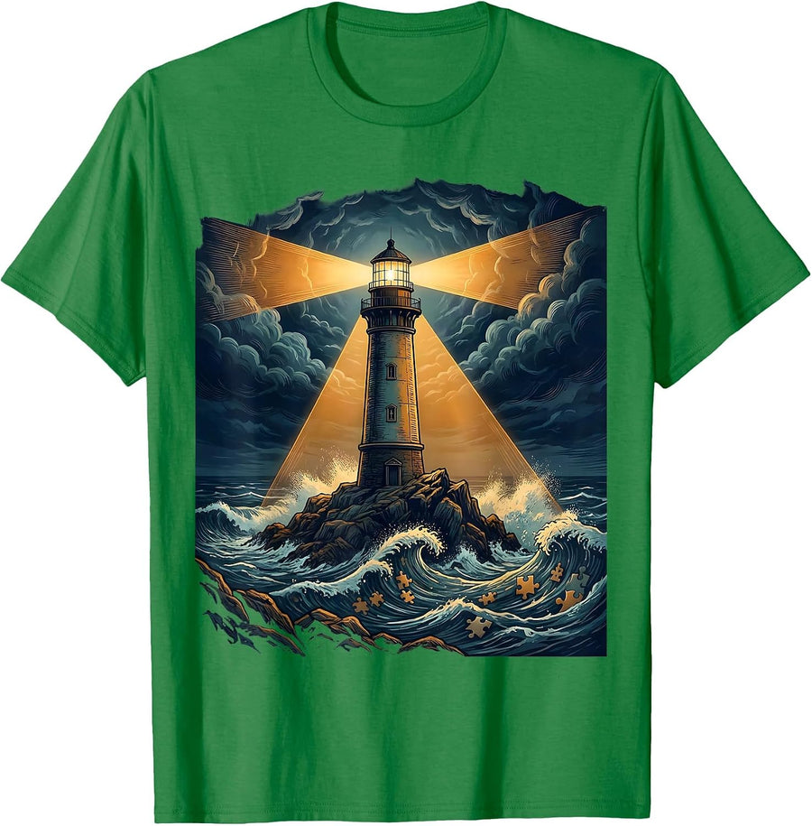 Men's Autism Awareness Lighthouse Stormy Sea Graphic T-Shirt - Kelly Green
