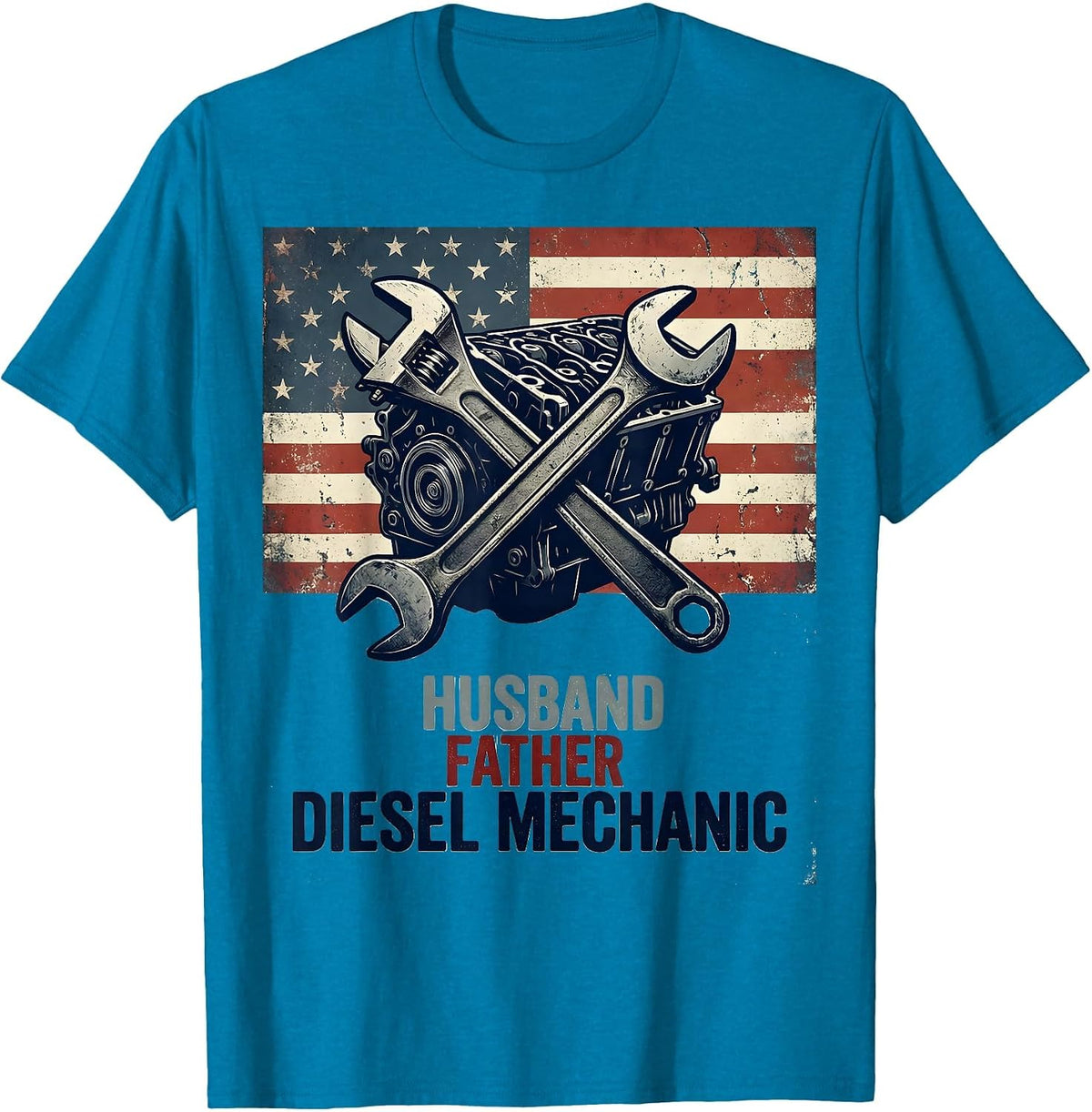 Husband Father Diesel Mechanic Patriotic American Flag T-Shirt - Sapphire Blue