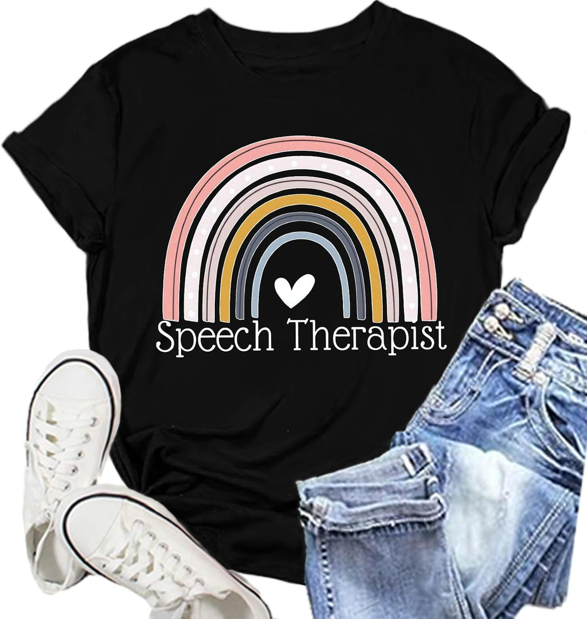 Womens Speech Therapy Shirt Speech Therapist Rainbow T-Shirts Language Pathologist Tee Tops - Black