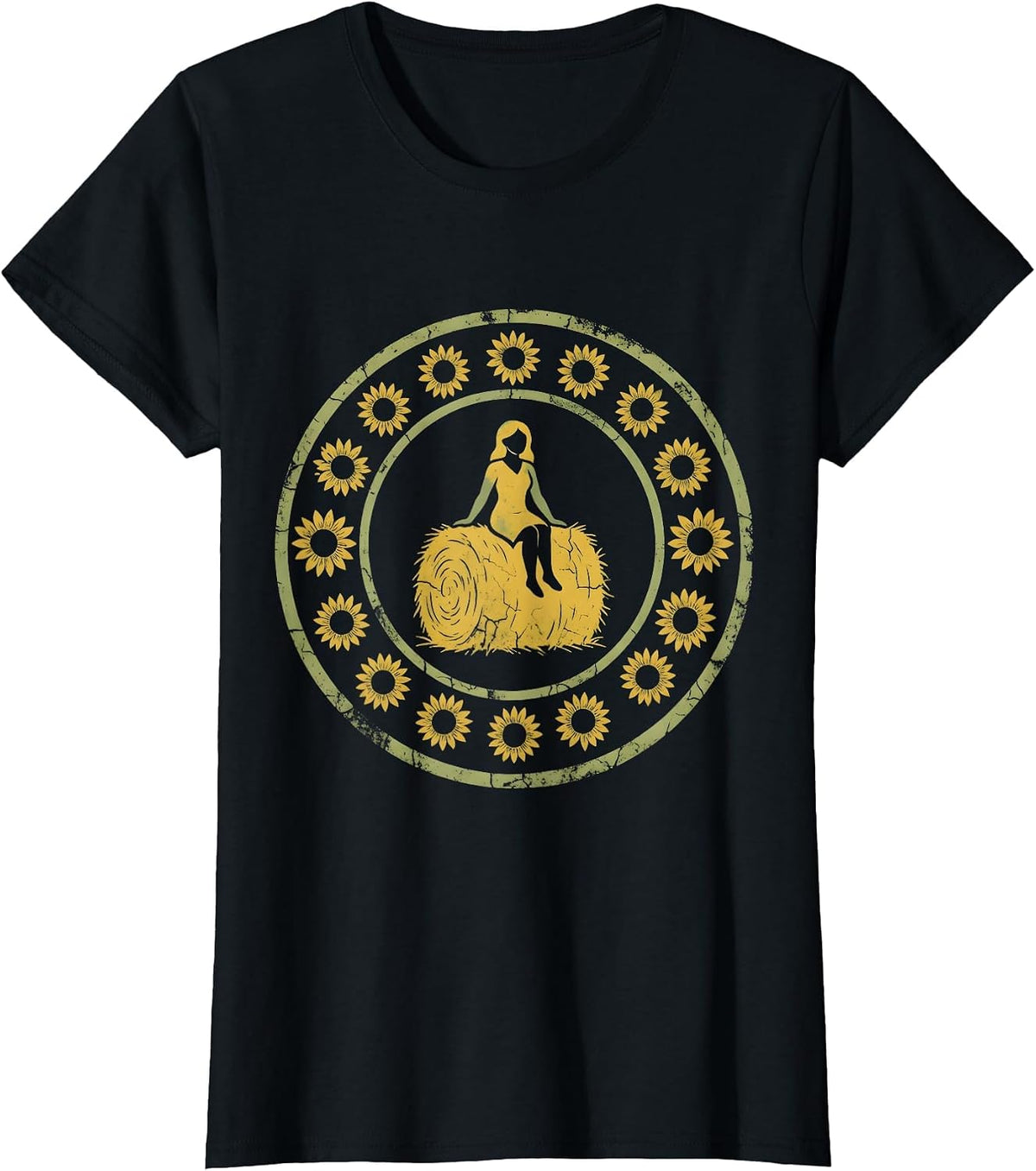 Country Girl Denim Cutoffs Hay Bale Illustration T-Shirt - Black
