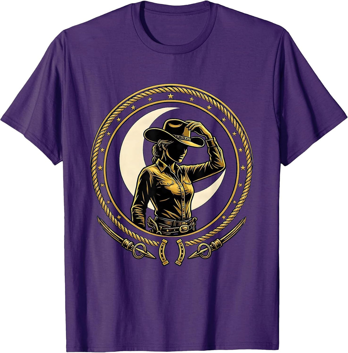 Cowgirl Tipping Hat Under Moonlit Sky Design T-Shirt - Purple