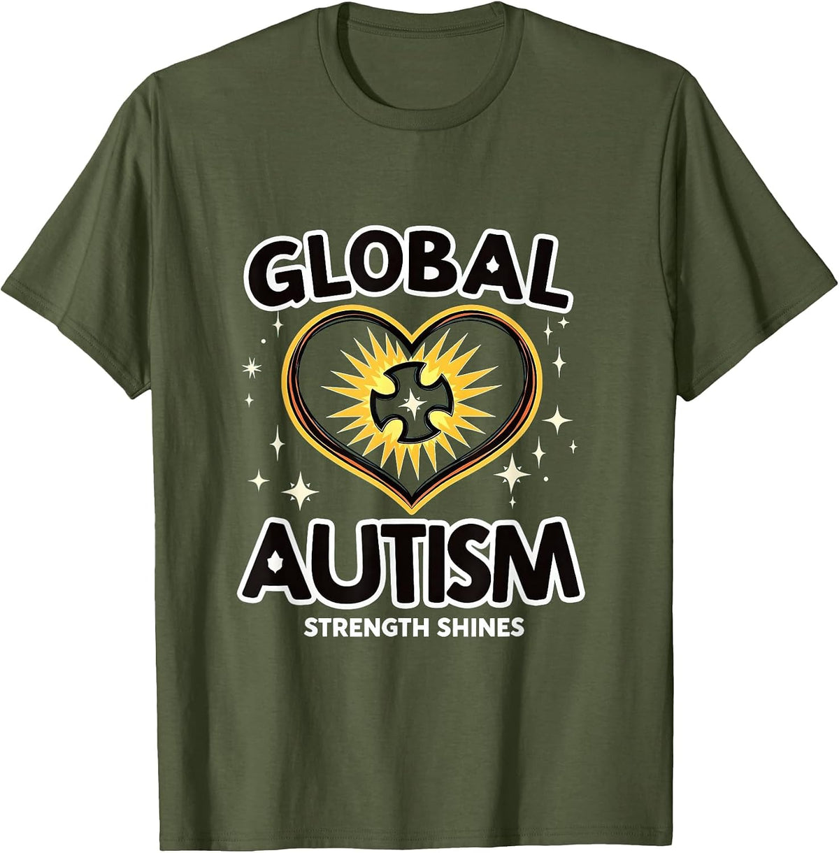 Global Autism Strength Shines Awareness Design T-Shirt - Olive Green