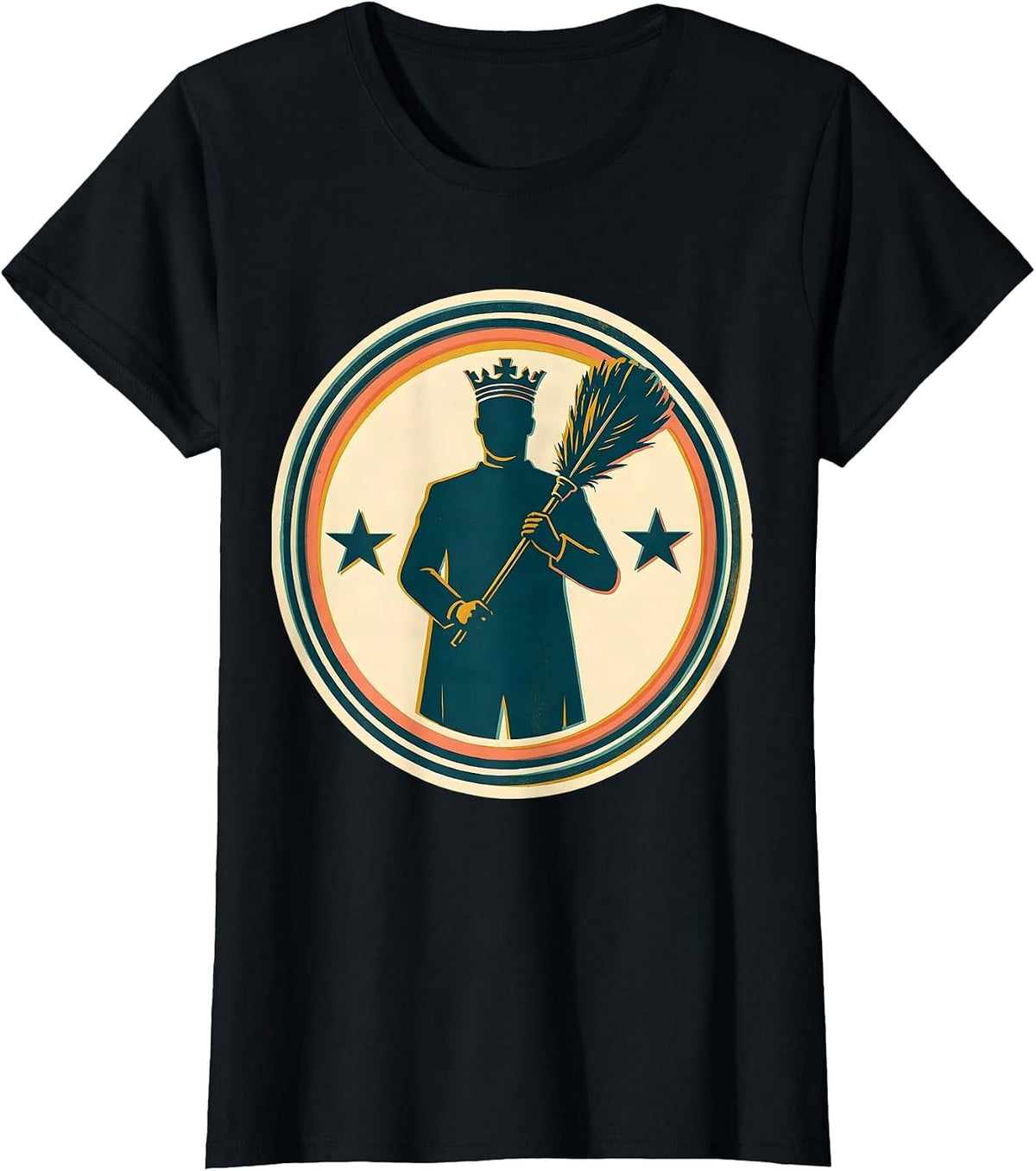 Women's Crowned Duster Badge Screenprint Vintage Sarcastic Humor T-Shirt - Black