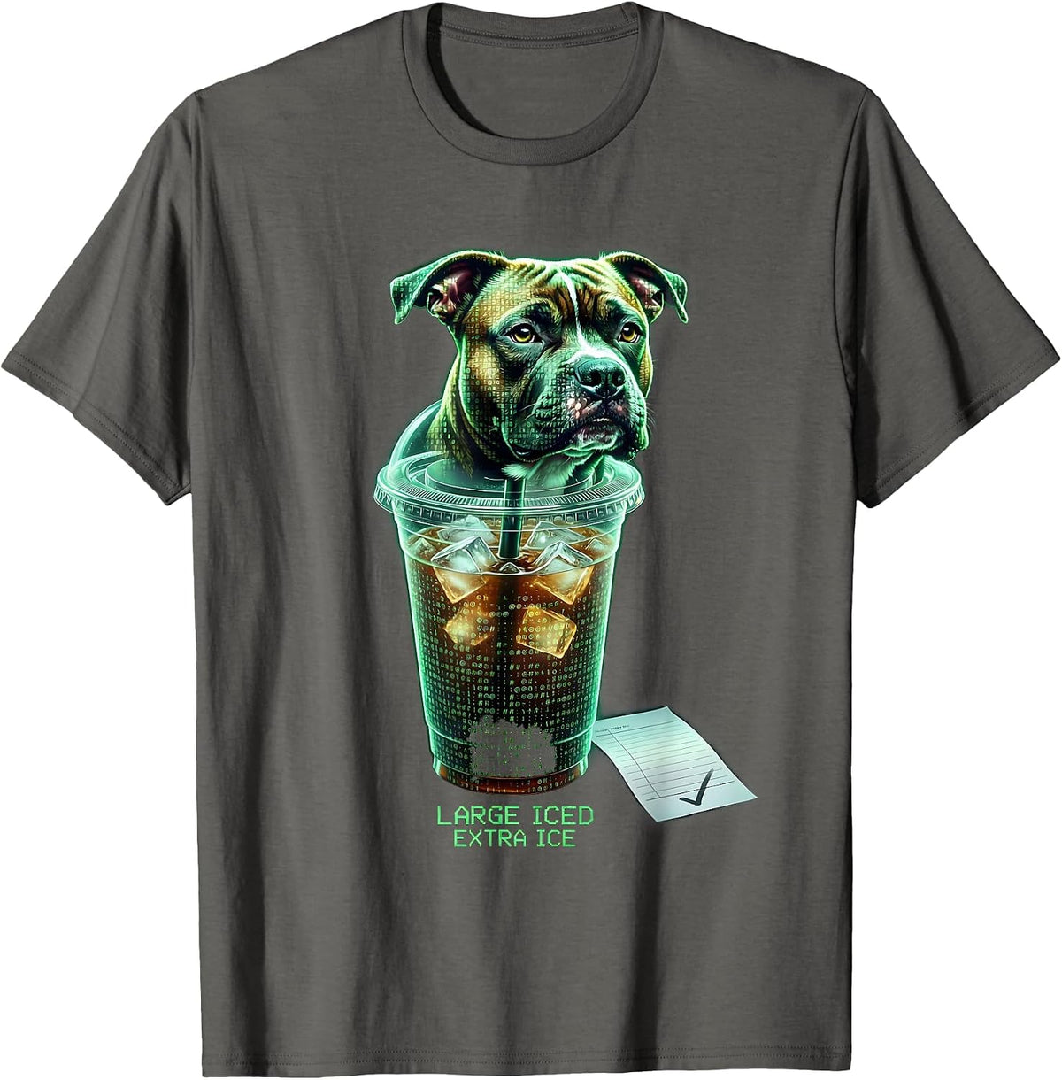 Large Iced Extra Ice Funny Pitbull Drinking Iced Coffee Meme T-Shirt - Asphalt Grey