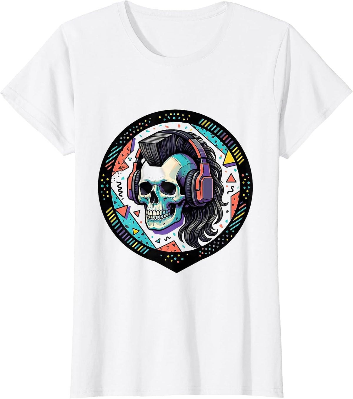 Women's 80s Skull Mullet Headphones Retro Graphic T-Shirt - White