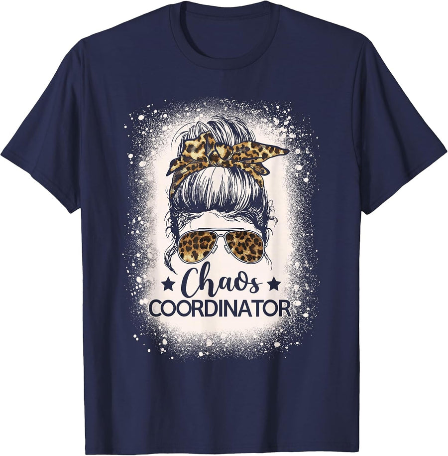 Chaos Coordinator Leopard Messy Bun Bleached Girls Women T-Shirt - Navy Blue
