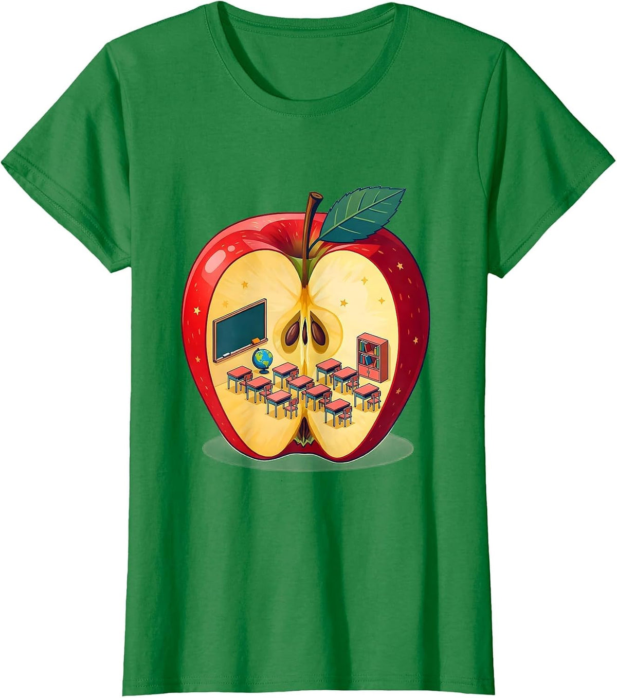 Third Grade Teacher Apple Classroom Illustration T-Shirt - Kelly Green