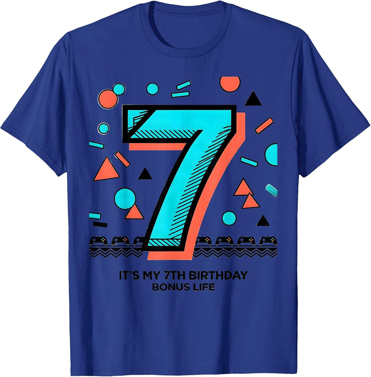 Men's It's My 7th Birthday Bonus Life Memphis Postmodern Gamer T-Shirt - Royal Blue