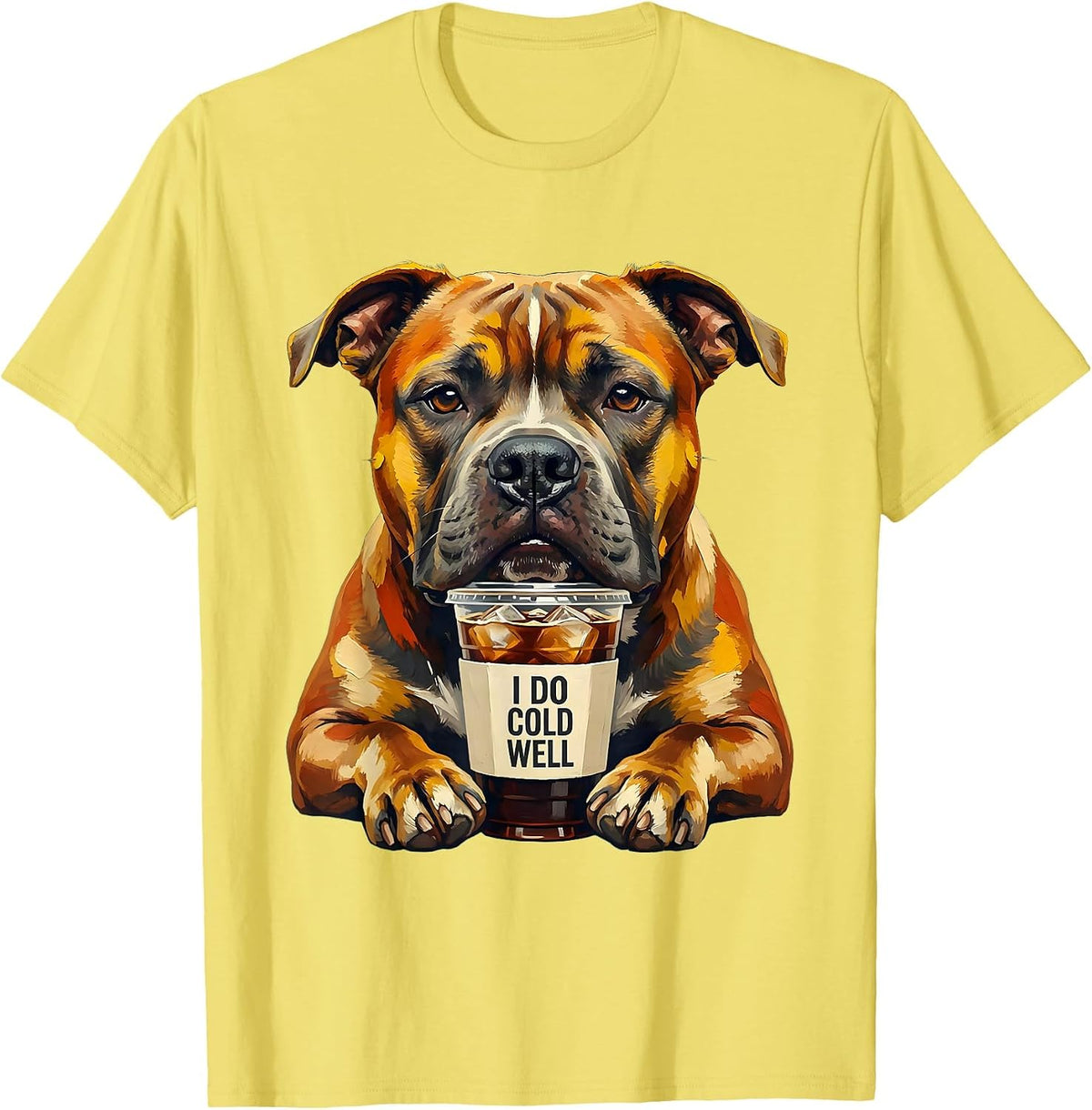 Men's I Do Cold Well Funny Pitbull Drinking Iced Coffee Humor T-Shirt - Lemon Yellow