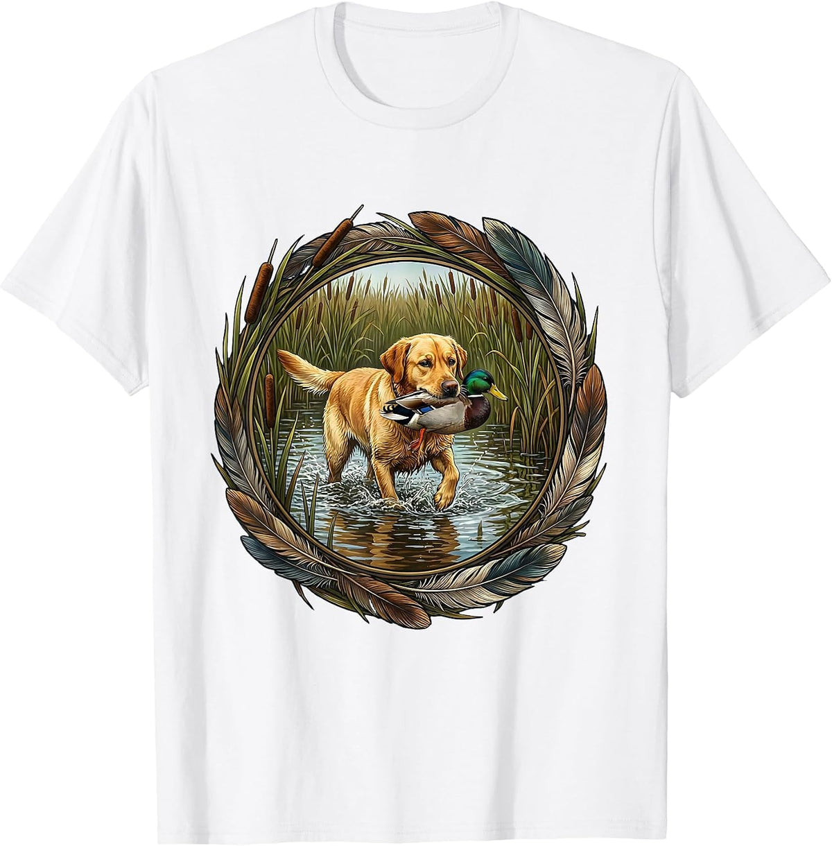 Men's Duck Camo Hunting Dog Retrieving Marsh Scene T-Shirt - White