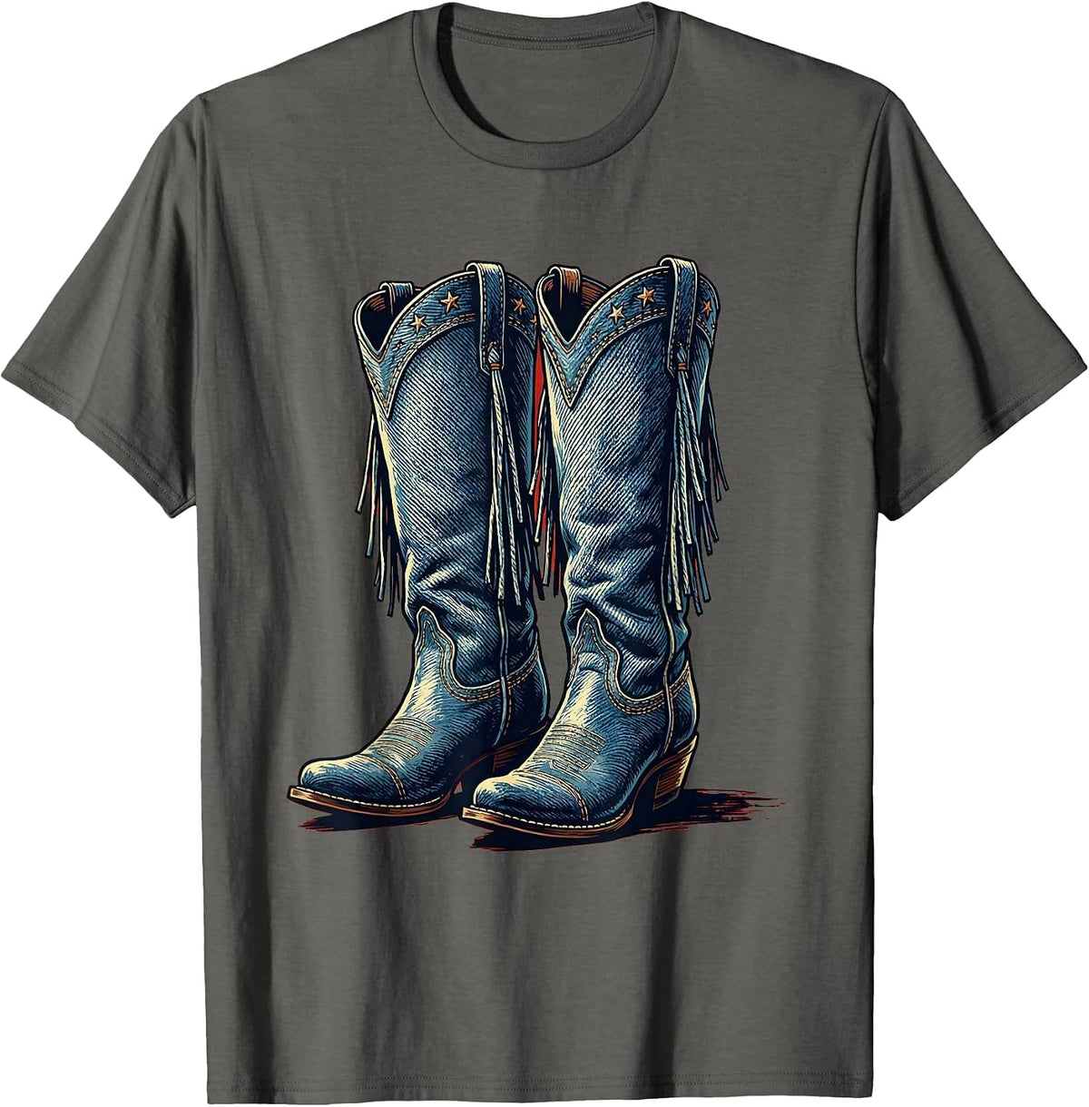 Men's Denim Cowgirl Boots with Fringe Illustration T-Shirt - Asphalt Grey