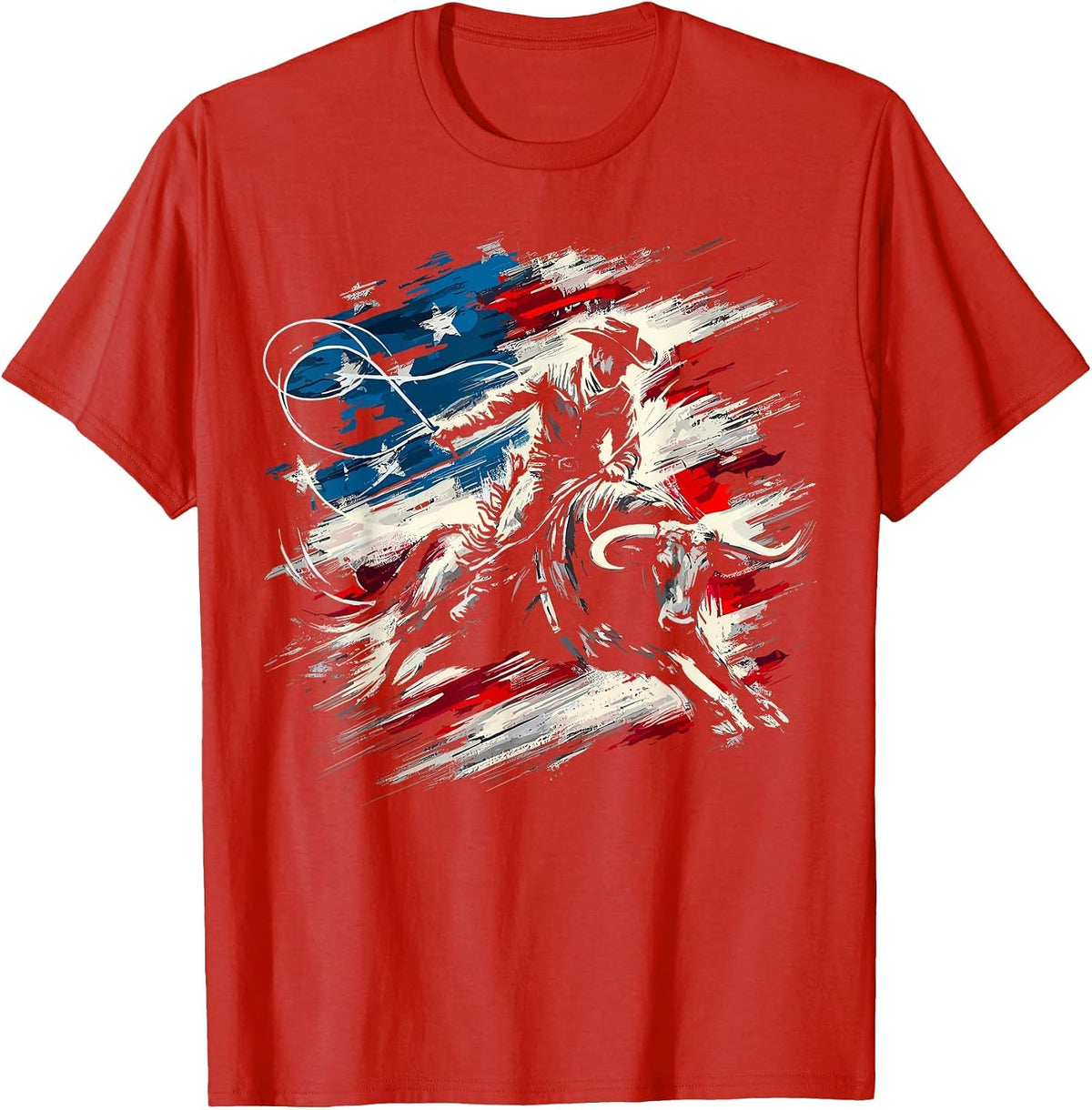 Rodeo Cowboy Bull Riding American Flag Western T-Shirt - Red