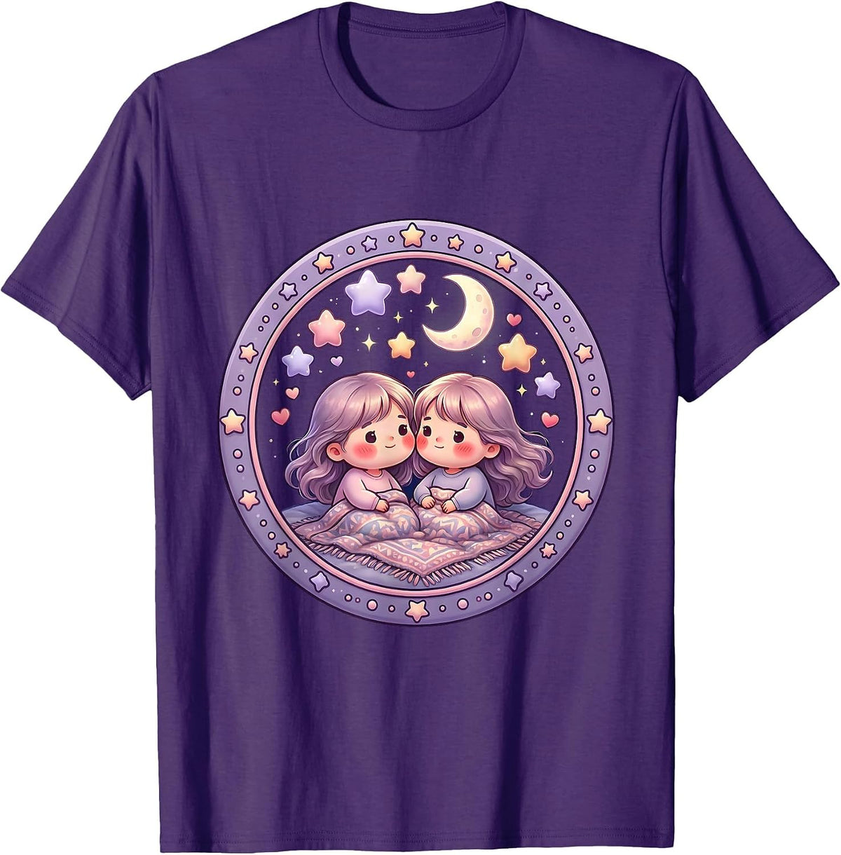 Lesbian Couple Stargazing Night Sky Illustration T-Shirt - Purple