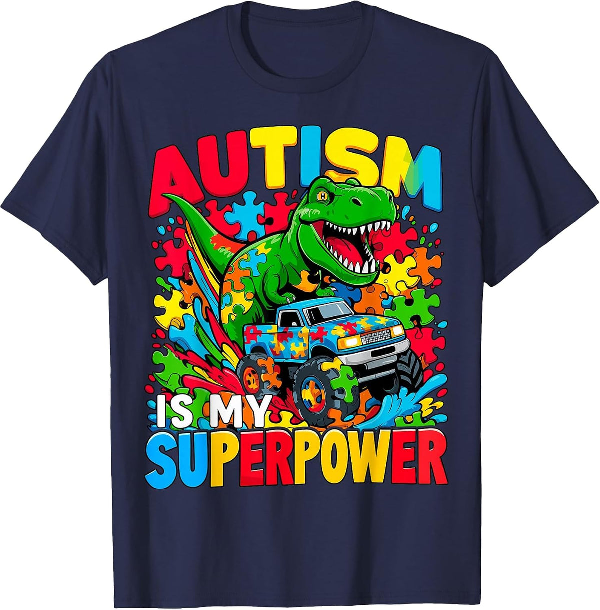 Autism is My Superpower Dino Boys Monster Truck T-Shirt - Navy Blue