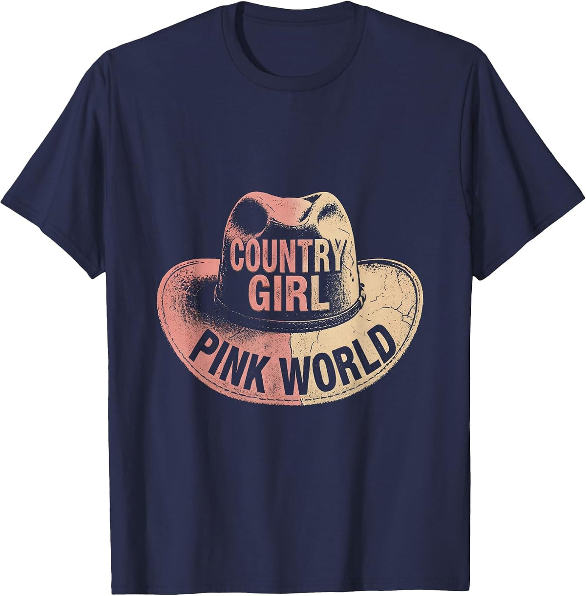 Country Girl Pink World Cowgirl Graphic Design T-Shirt - Navy Blue