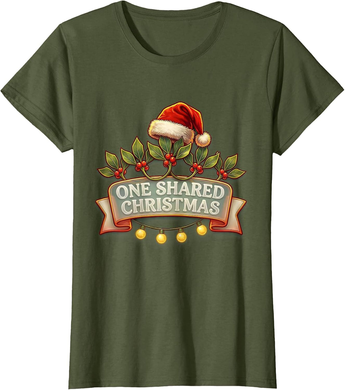 Women's One Shared Christmas Frosted Script Santa Hat Family T-Shirt - Olive Green