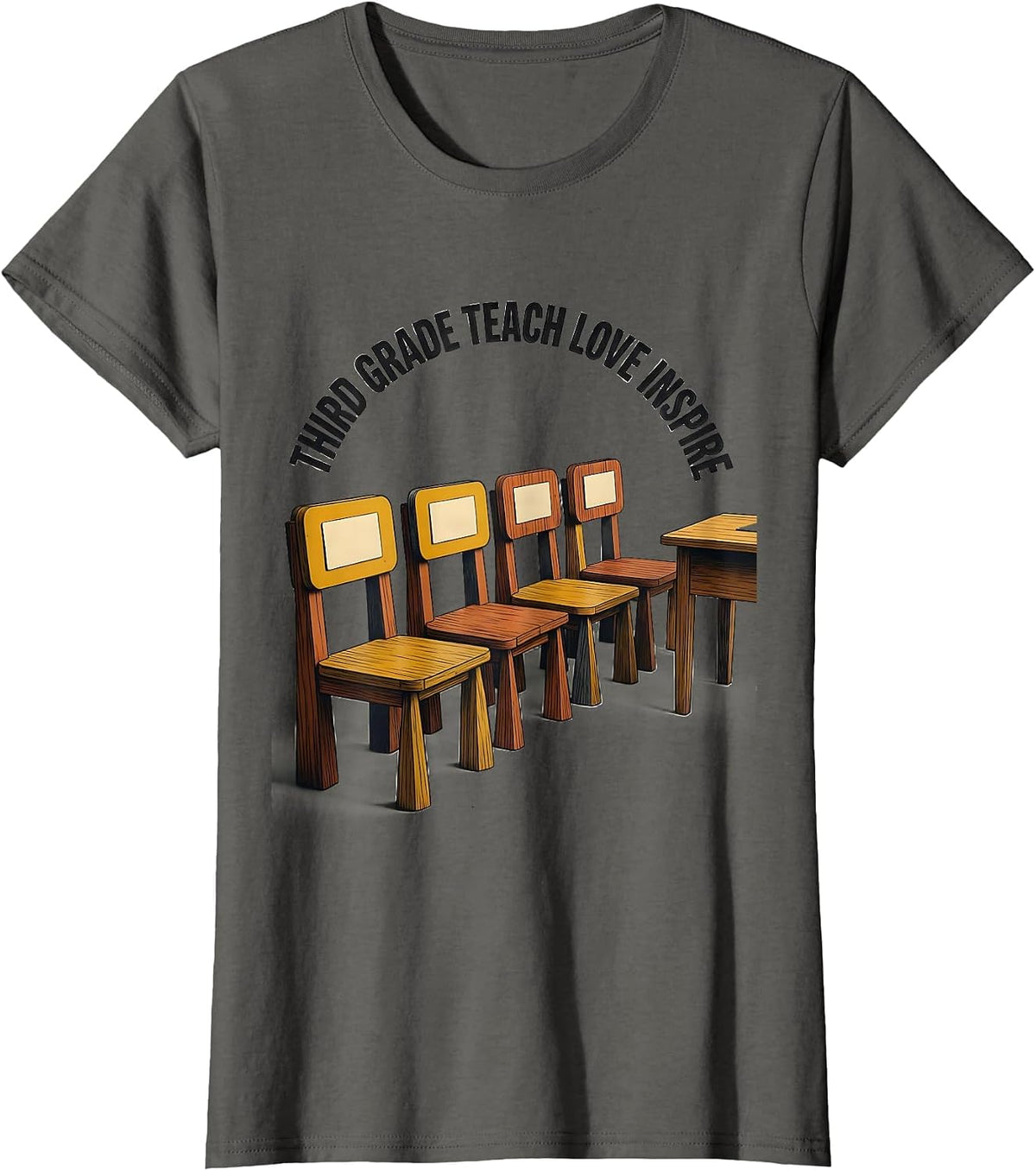 Women's Third Grade Teach Love Inspire Midcentury Modern Teacher T-Shirt - Asphalt Grey