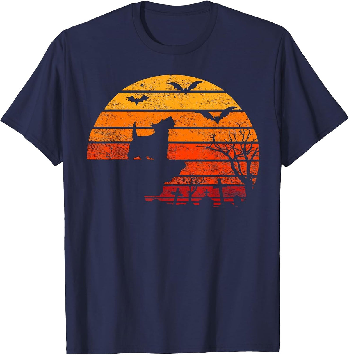 Retro Sunset Scottish Terrier Halloween Costume Dog Lover T-Shirt - Navy Blue