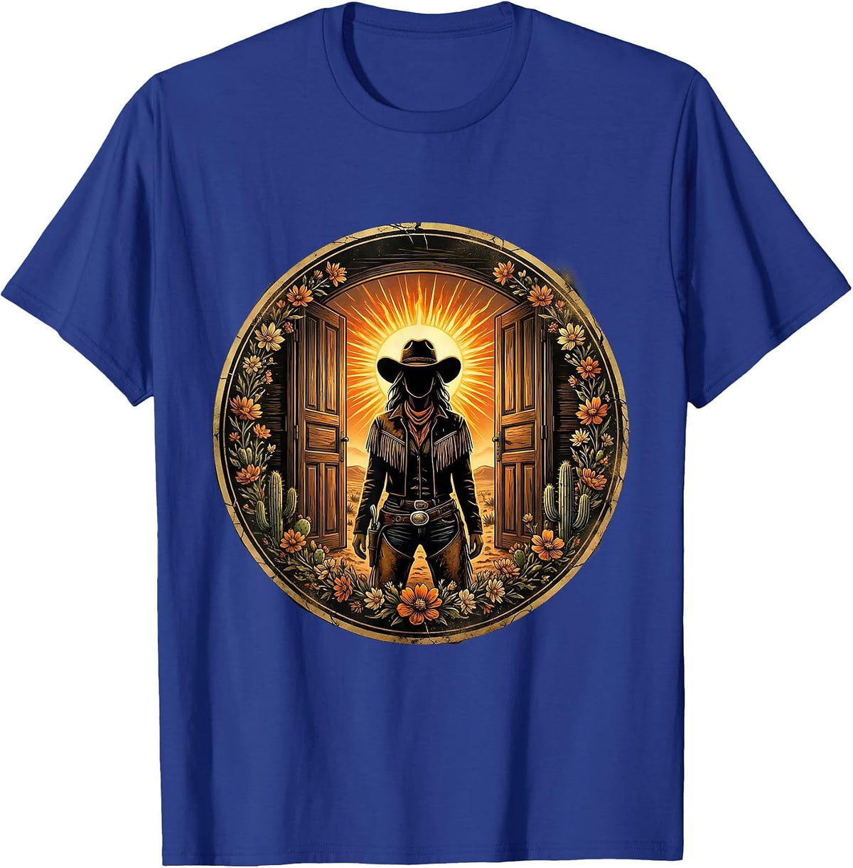 Men's Cowgirl Saloon Doorway Western Noon Illustration T-Shirt - Royal Blue