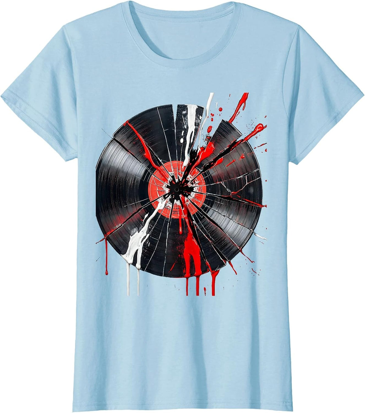 Grunge Dripping Paint Shattered Vinyl Record T-Shirt - Baby Blue