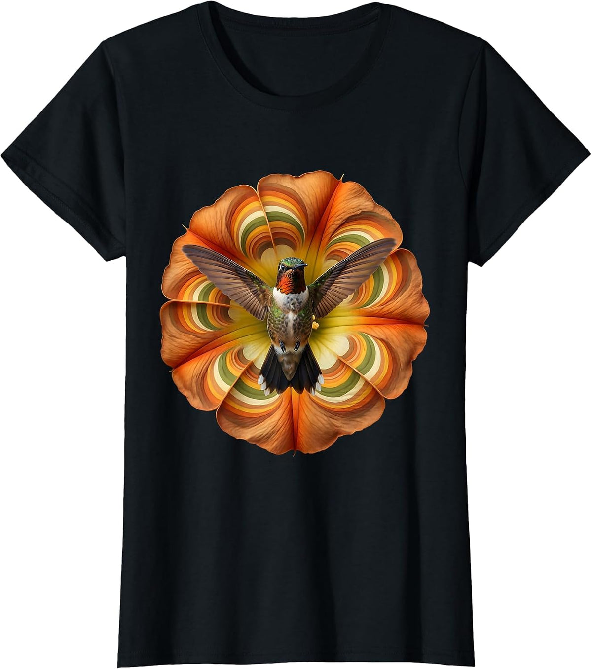 Hummingbird Trumpet Flower Botanical Art T-Shirt - Black