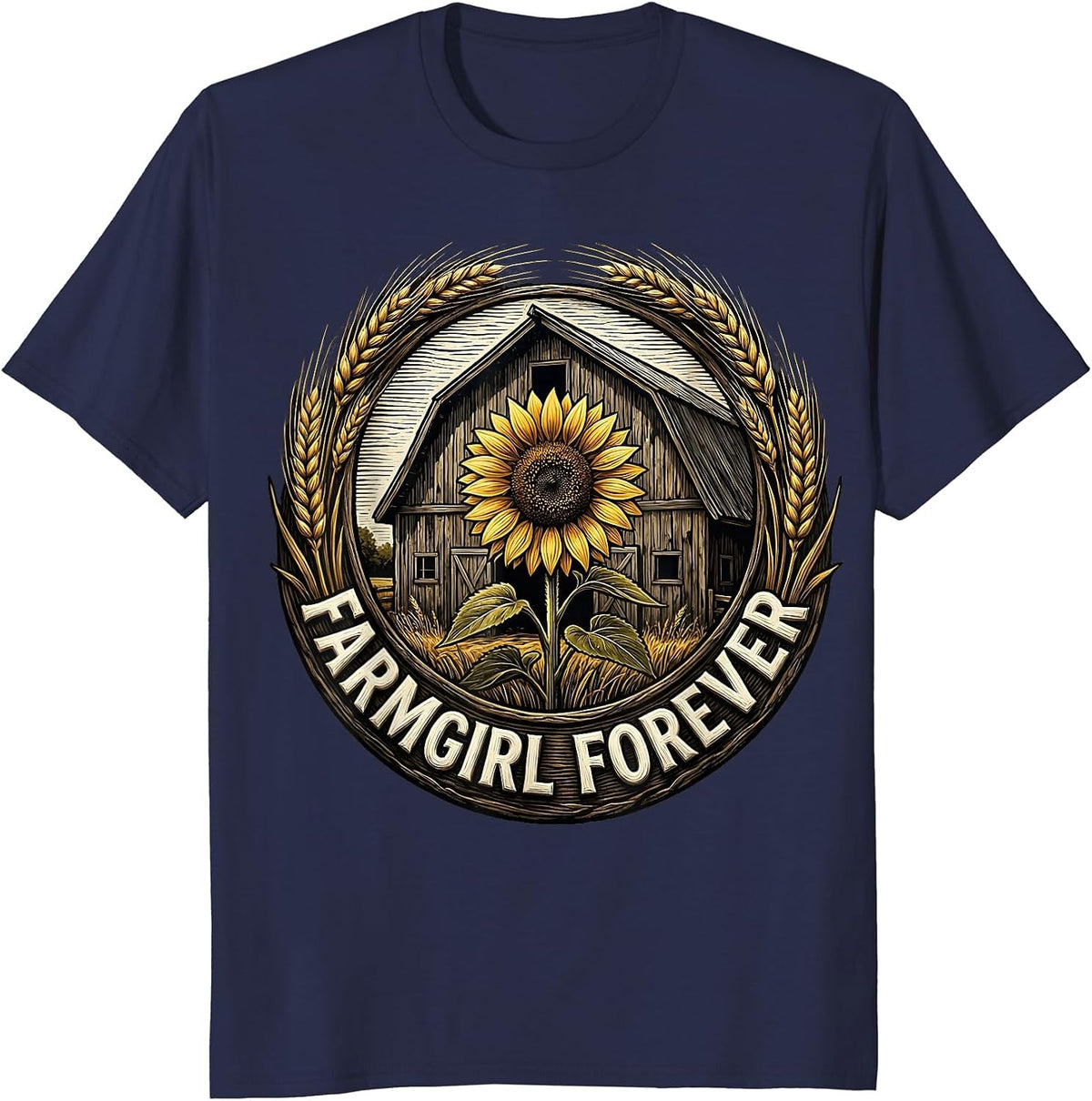 Farmgirl Forever Country Girl Graphic Design T-Shirt - Navy Blue