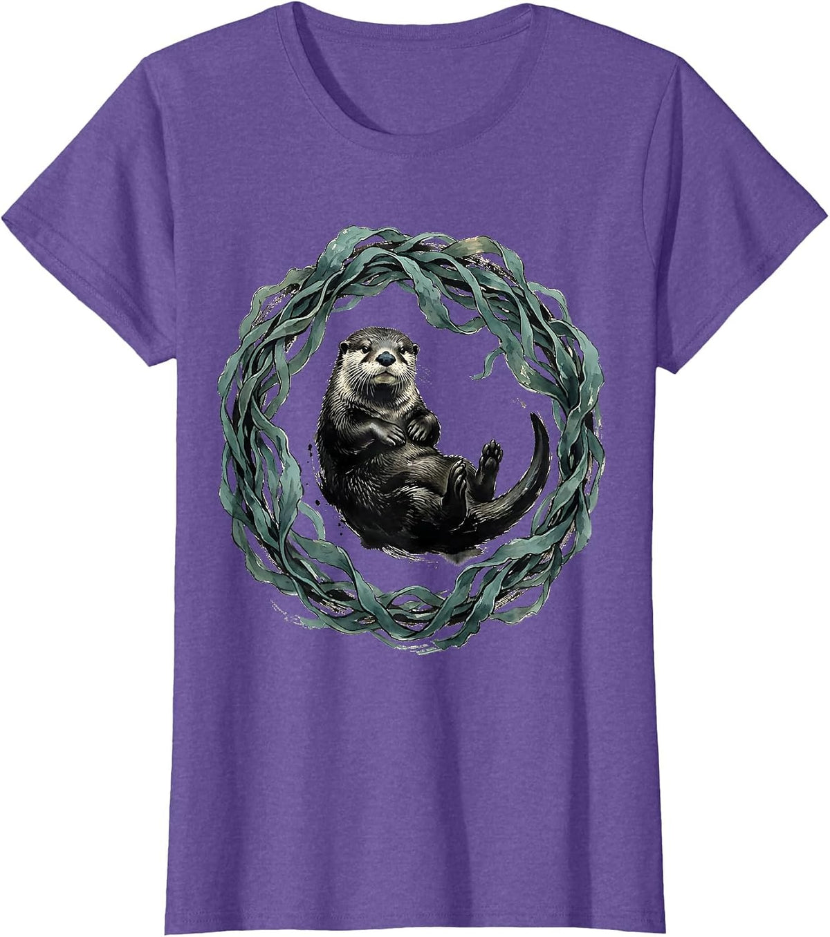 Kelp Wrapped Otter Underwater Ocean Art T-Shirt - Purple Heather