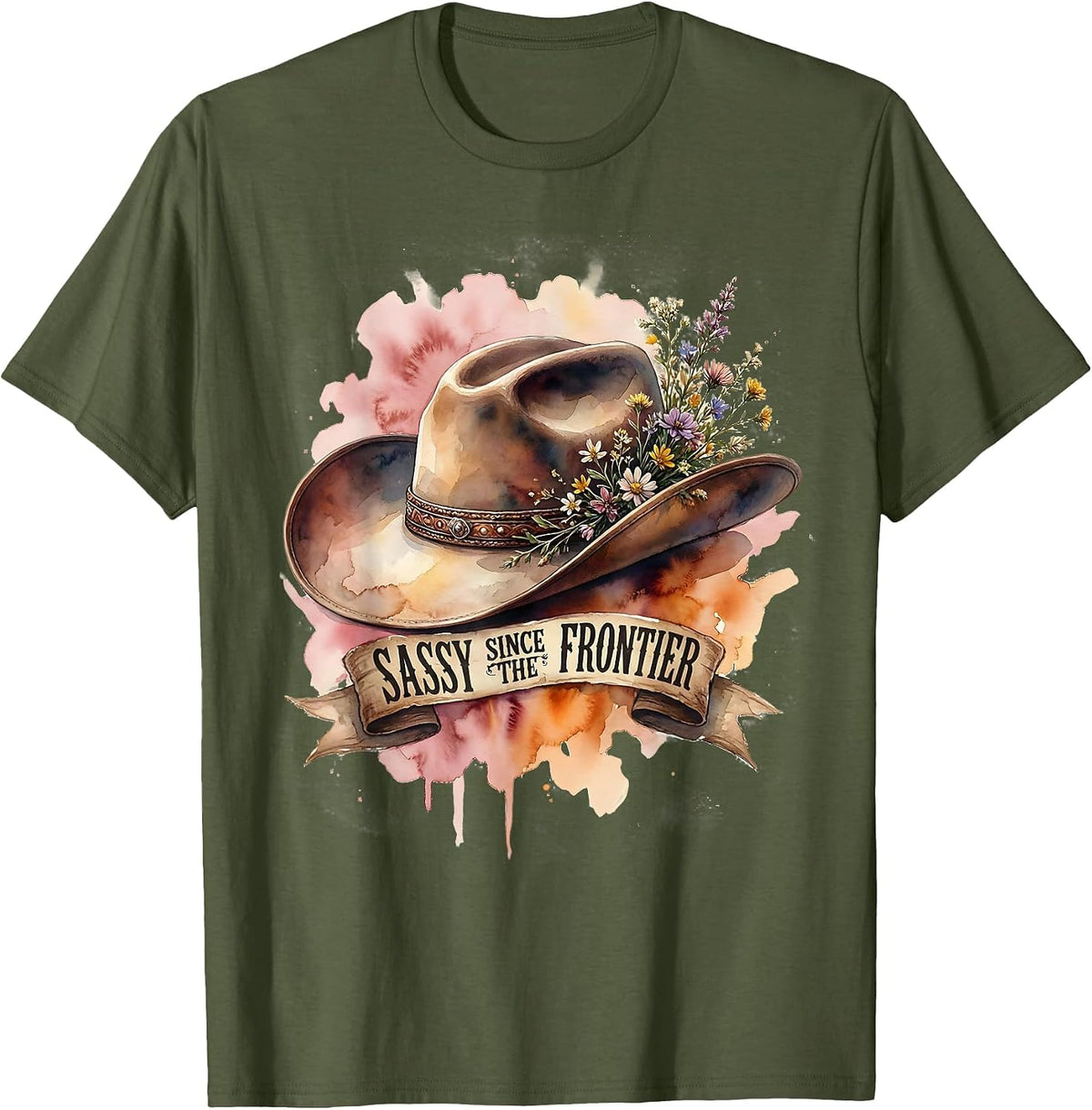 Sassy Since The Frontier Western Design T-Shirt - Olive Green