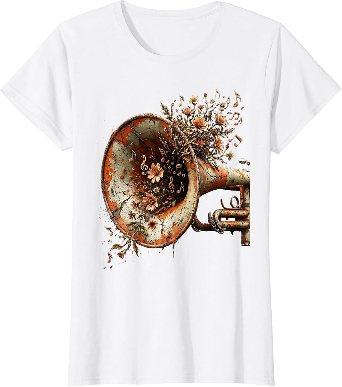 Trumpet Floral Notes Musical Bloom Design T-Shirt - White