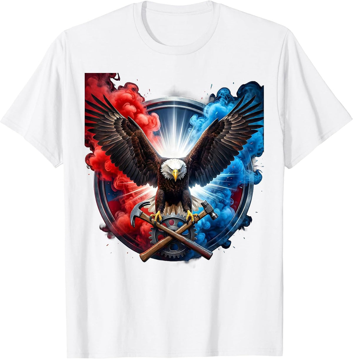 Men's Patriotic Bald Eagle Gear and Hammer Graphic T-Shirt - White