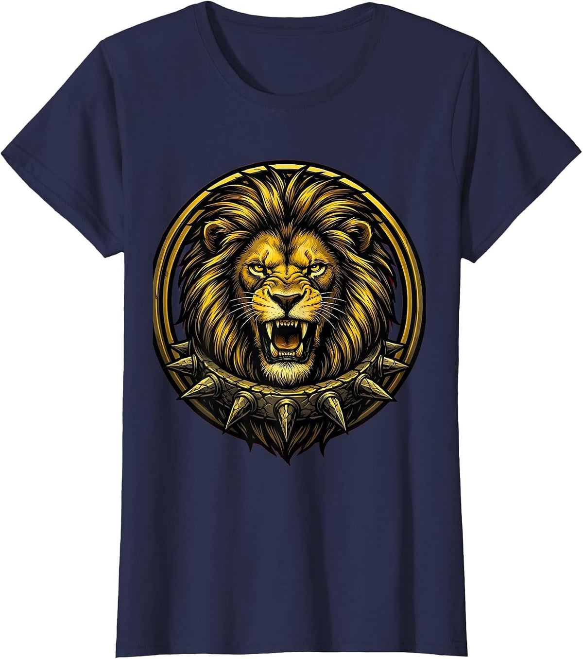 Women's Roaring Lion Spiked Rock Collar Graphic T-Shirt - Navy Blue