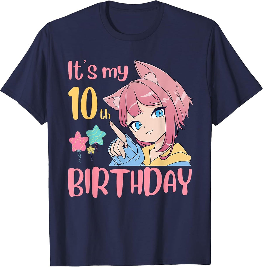 It's My 10th Birthday Anime Birthday Girl 10 Years Old Bday T-Shirt - Navy Blue