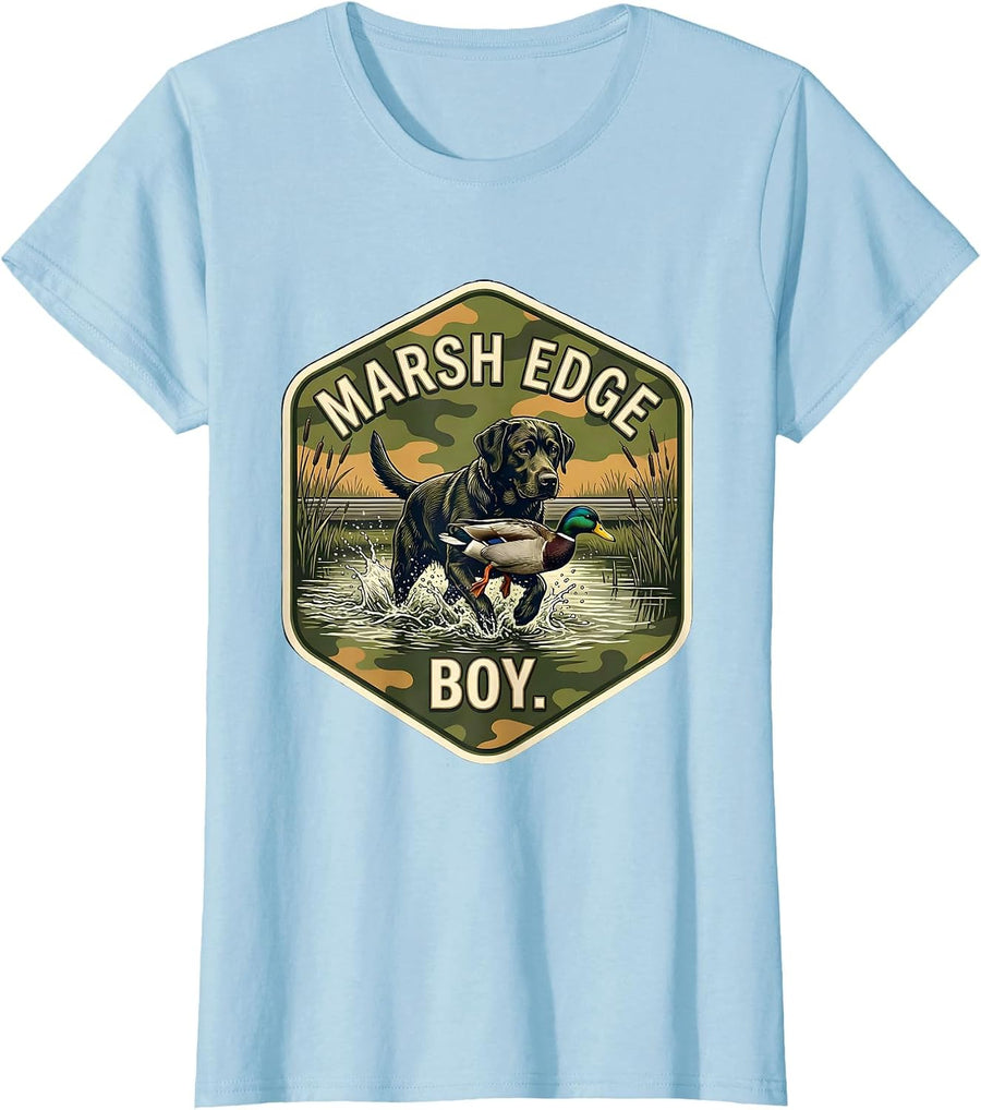 Women's Marsh Edge Boy Camo Hunting Dog Waterfowl Youth Outdoor T-Shirt - Baby Blue
