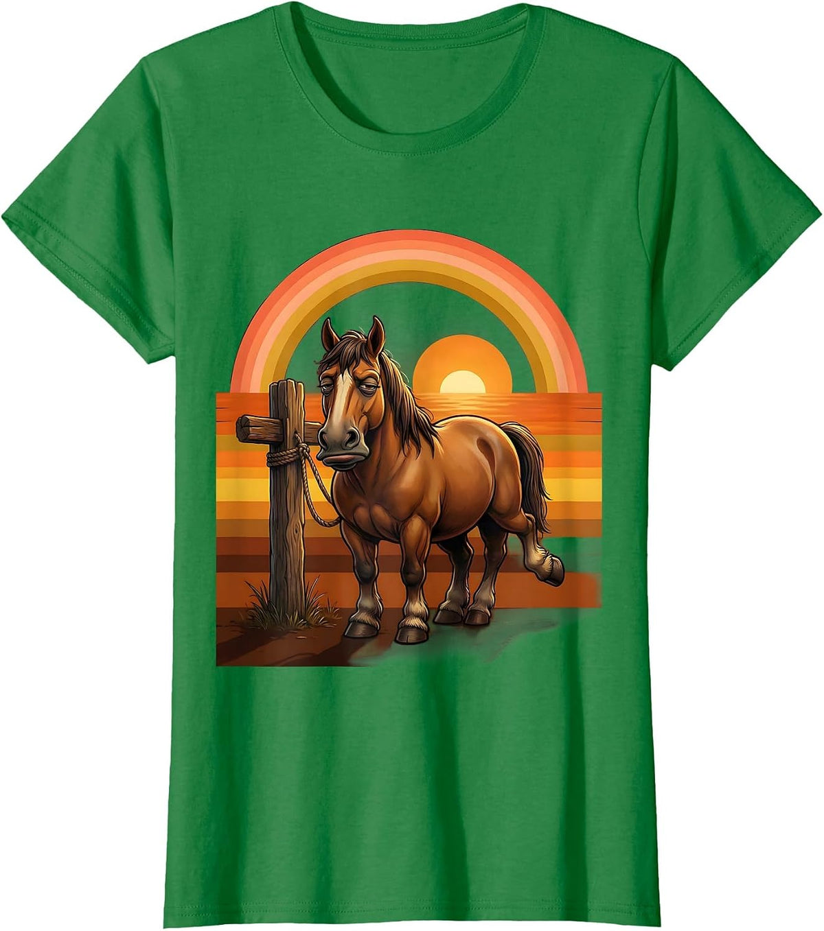 Bored Horse Tied to Post Cowboy Humor Design T-Shirt - Kelly Green