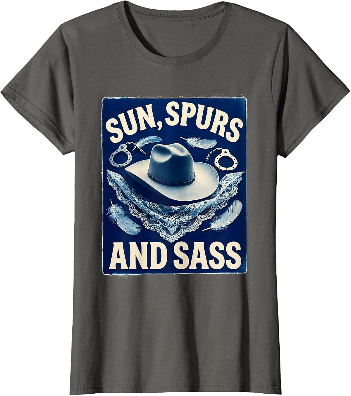 Women's Sun Spurs and Sass White Cowgirl Design T-Shirt - Asphalt Grey