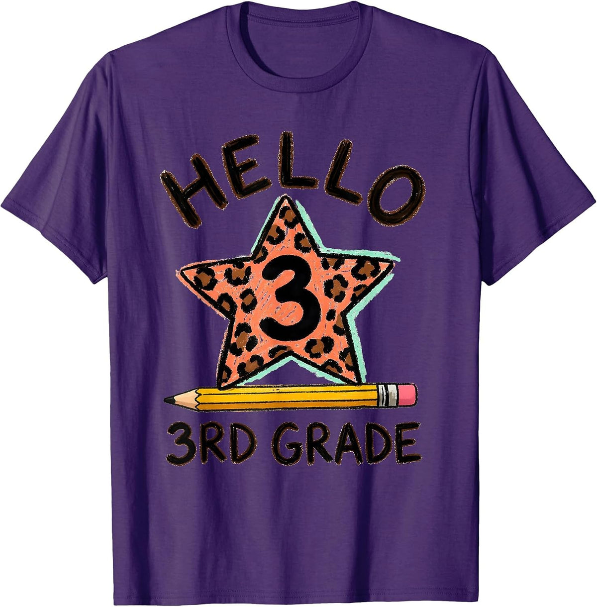 Hello 3rd Grade Kids Girl Teacher Back To School Leopard T-Shirt - Purple