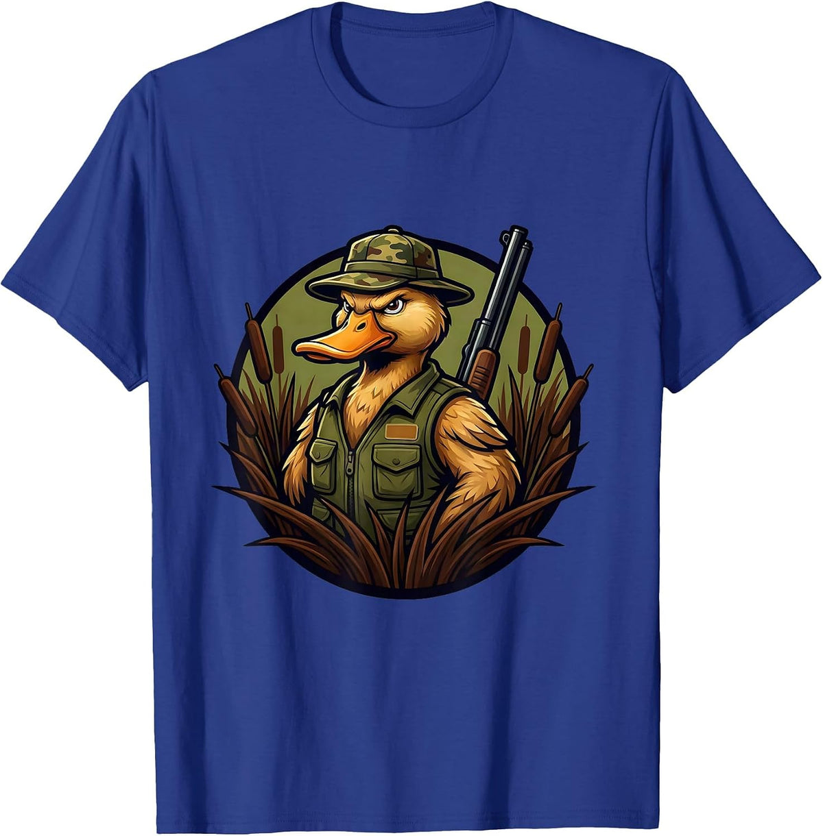 Duck Hunter Wading in Marsh Reeds Illustration T-Shirt - Royal Blue