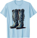 Men's Denim Cowgirl Boots with Fringe Illustration T-Shirt - Baby Blue
